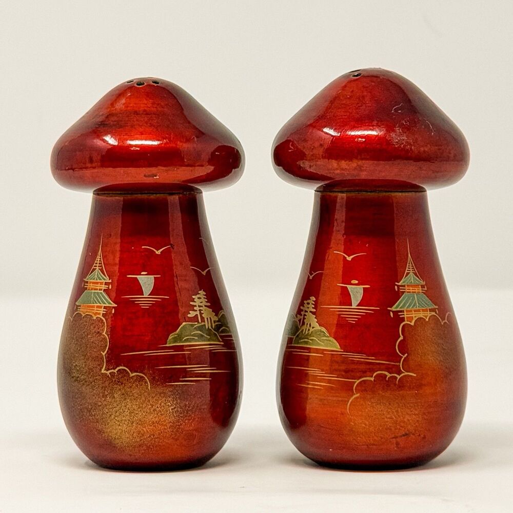 Vintage Japanese Lacquer Mushroom Salt Pepper Shakers Red Gilt Wood - Picture 1 of 5